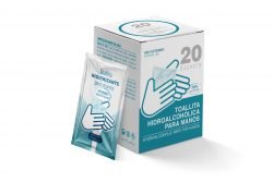 Caja con 20 sachets con toallita con solución hidroalcohólica