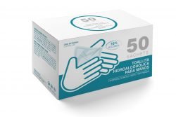 Box with 50 sachets with wipes with hydroalcoholic solution