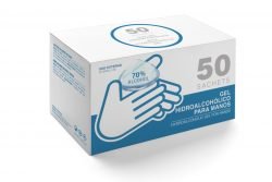 Box with 50 sachets with hydroalcoholic gel